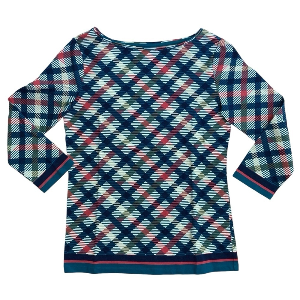 NWT Talbots Cotton Bateau Neck Tee - Diamond Print-3/4 Sleeve-Blue/Red/Green-XS - Picture 1 of 6
